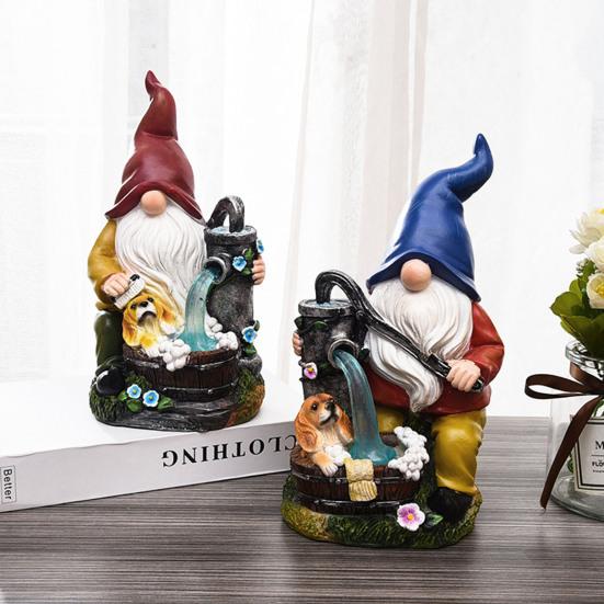 Solar Pumping Gnome Figurine with Light Washing Dog Dwarf Elf Resin Statue Sculpture Outdoor Garden Porch Yard Lawn Decoration Ornament