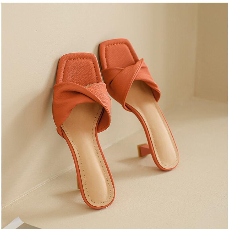 Fashion New Summer Green Orange Women Slippers Solid Color Shoes Classic Square Toe Flip Flops Beach Med Heel Slides Mules