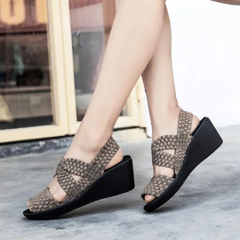 Сандалии на танкетке и платформе с плетением, модные, с открытым носком, удобные, дышащие, женские, повседневные, сандалии на толстой подошве, Mujer 2024