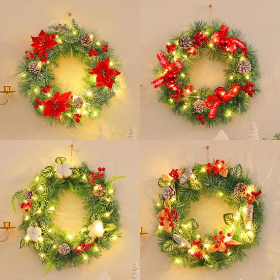 Pre-Lit Christmas Wreath for Front Door 12 Inches LED Lighted Artificial Christmas Wreath with Pine Cones Berries for Indoor Outdoor Decor