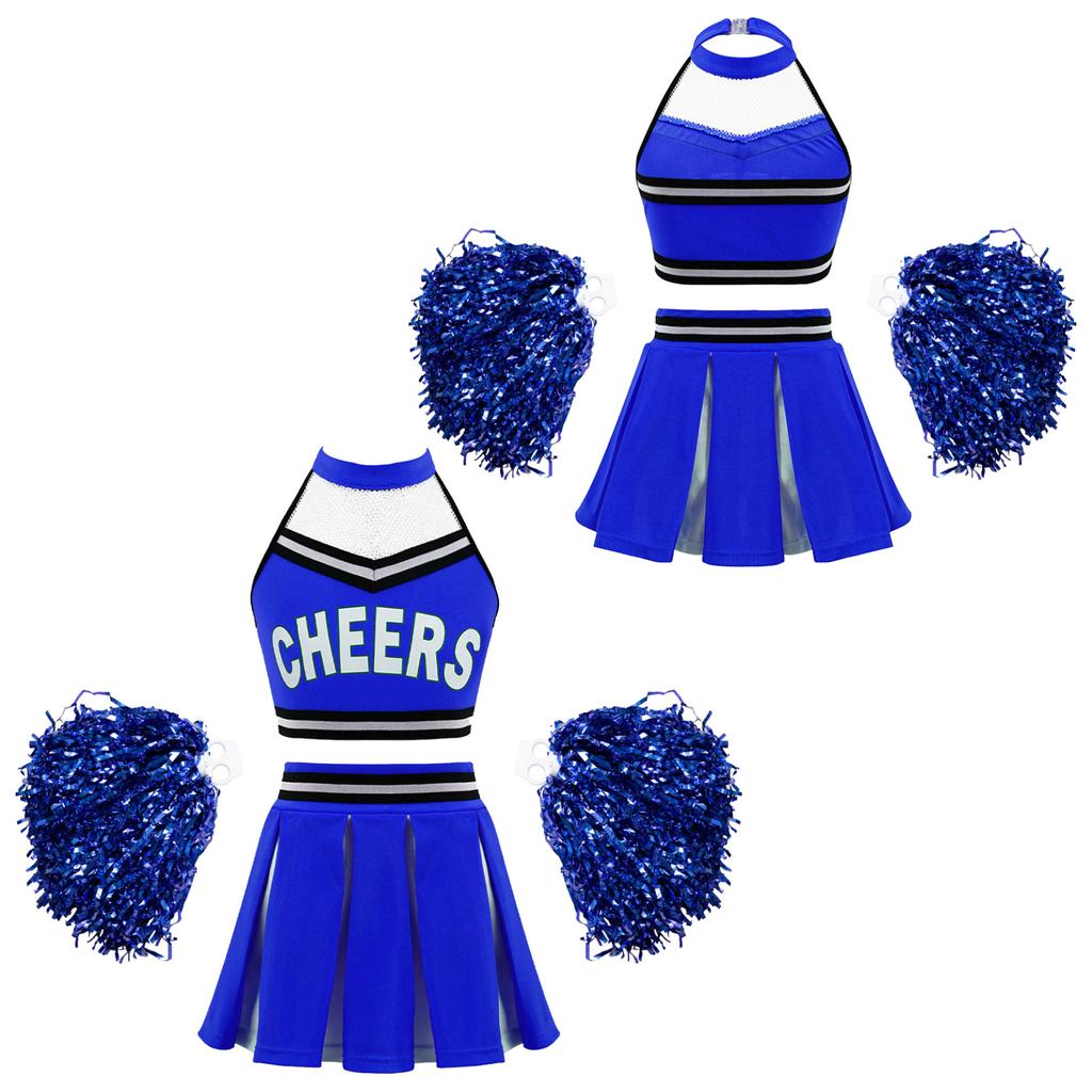 School Girls Costume Cheerleading Uniform Crop Vest Tops Pleated Skirt for Student Cosplay Party