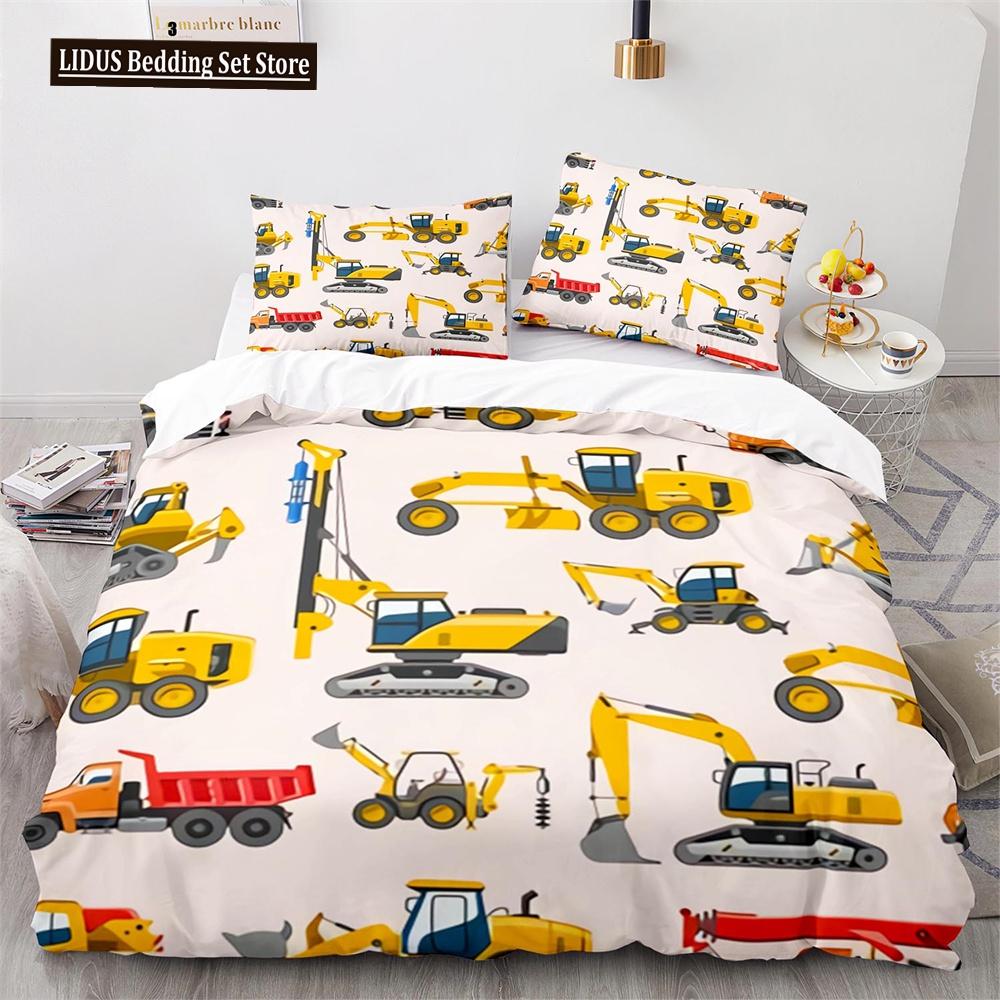 Комплект пододеяльника Digger Мультяшный Грузовик Тяжелой Техники Кран Бетономешалка Экскаватор Трактор Узор Для Ребенка Подростка Полиэстеровый Постельный Комплект