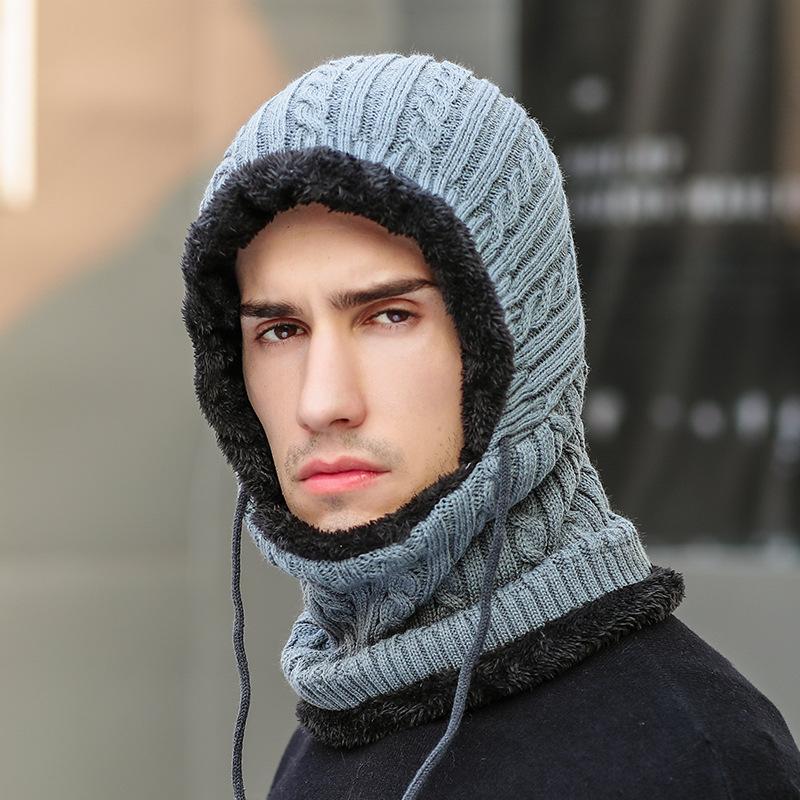 Trendy Winter Knit Hat Unisex Warm Fleece-lined Neck Cover Windproof Ear Protection One-piece Mouthpiece Cap