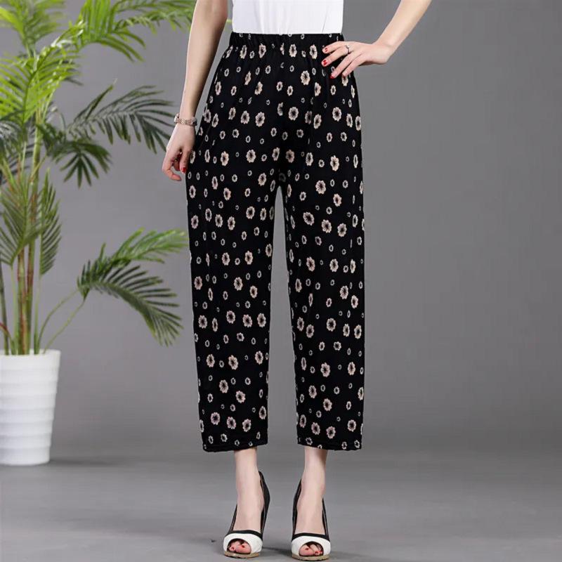Summer Middle-aged and Elderly Women's Pants Ice Silk Cool Pants Loose Plus Size Floral Pants Elastic Waistband Cropped Pants Casual Pants