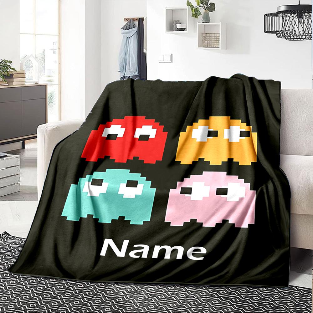 Custom Name Pac-Man Theme Printed Blanket - Perfect for Couch, Bed, Travel & Outdoor Use | Machine Washable, Cozy & Durable.