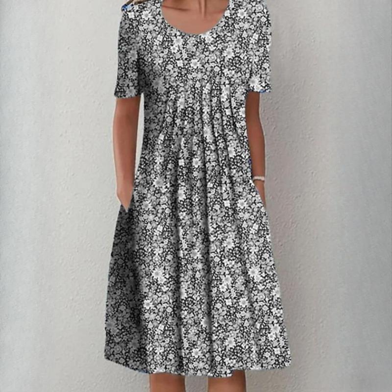 Женская мода лето весна однотонный принт с коротким рукавом и круглым вырезом с высокой талией повседневные платья