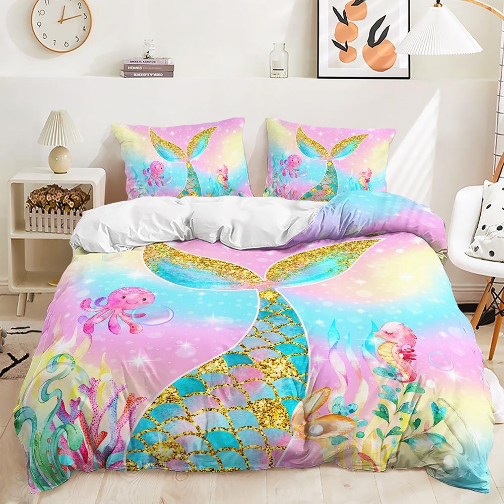 3D Printed Mermaid Princess Bedding Set for Girls and Women, Dreamy Quilt Cover Pillowcases 2/3pcs Gift