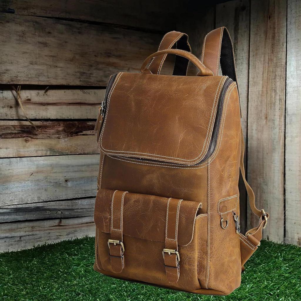 Full Grain Leather Backpack for Men - 17 Inch Laptop Bag - Vintage Travel Rucksack - Casual Daypack for Womens