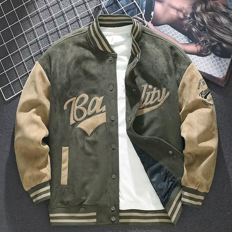 Men's Retro Suede Baseball Jacket - Embroidered Pilot Style for Autumn and Winter