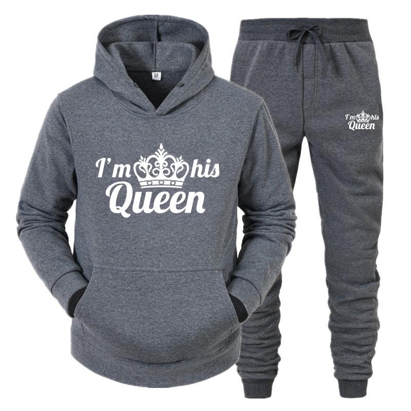 Спортивный костюм для влюбленных, толстовки с принтом QUEEN KING, толстовка для пар, одежда больших размеров с капюшоном, женские толстовки, комплект из двух предметов