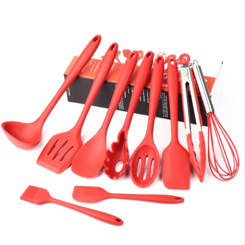 10-Piece Non-Stick Silicone Kitchenware Set: Includes Large Colander, Cooking Spoon, Shovel, Porridge Spoon, and Scraper for Baking.