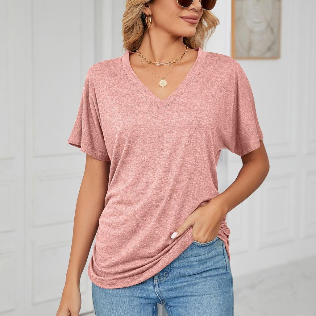 HNXC Women's Fashion Casual Summer Solid Color Print Short Sleeve V-Neck Blouses & Shirts