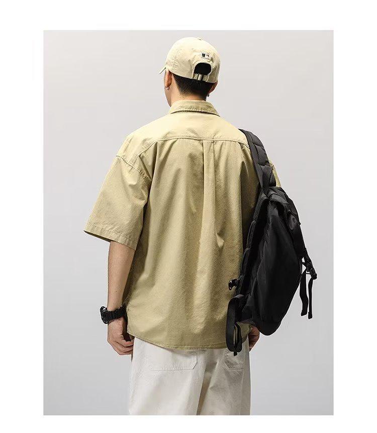 Trendy Korean-Style Men's Military Green Short-Sleeve Workwear Shirt