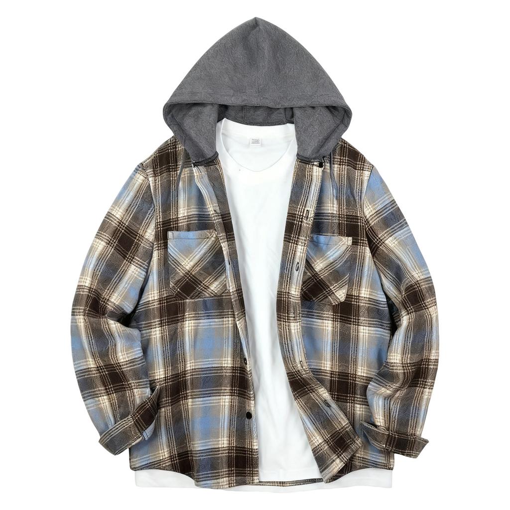 Men's Striped Plaid Casual Loose Button Lapel Long Sleeve Hooded Cardigan Shirt Jacket