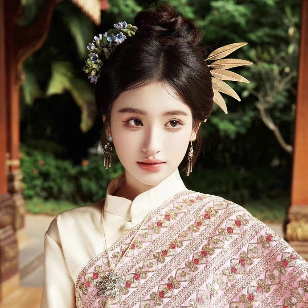 Flower Thai Hair Sticks Rhinestone Gold Hair Fork Antique Ethnic Style Hair Accessories  Hanfu