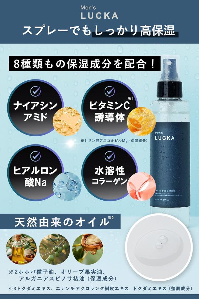 LUCKA Spray for Men in Their 30s and Moisturizing with Hyaluronic and Vitamin C Odor Fragrance Mist with Woody Mist 150mL Men's All-in-One Lotion,