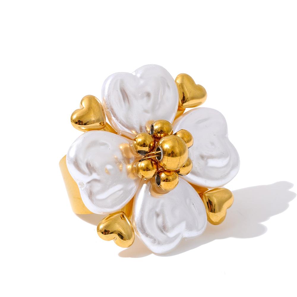 Eetit #7 Stainless Steel Imitation Pearls Flower Golden Handmade PVD Ring Trending Metal Fashion Elegance Popular Jewelry Gift