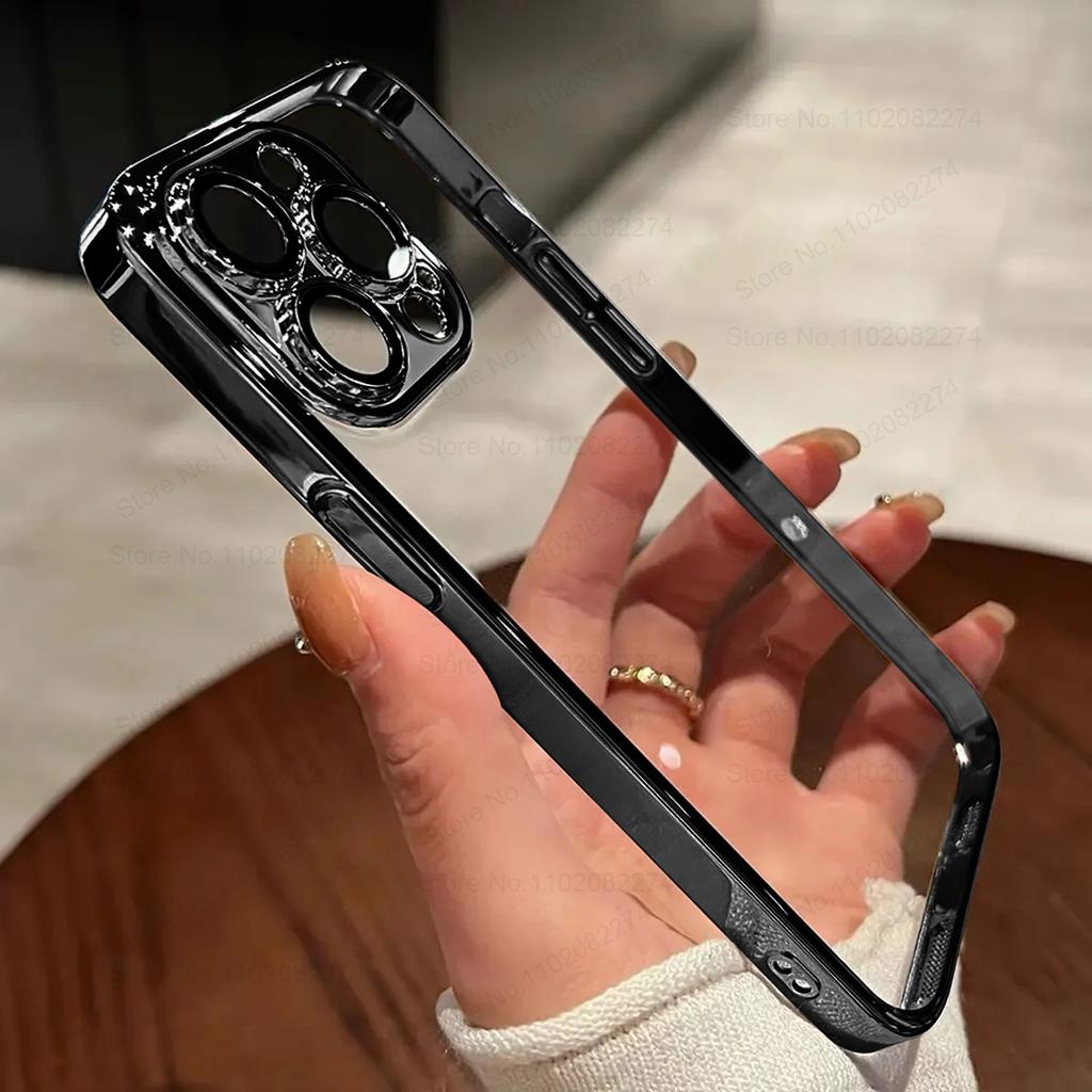 Luxury Plating Clear Silicone Phone Case For iPhone 15 14 13 12 11 Pro Max Plus Lens Protection Soft Case Back Cover Accessories