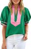 Womens Color Block V Neck Blouse Puff Lantern Sleeve Loose Dressy Casual Summer Top