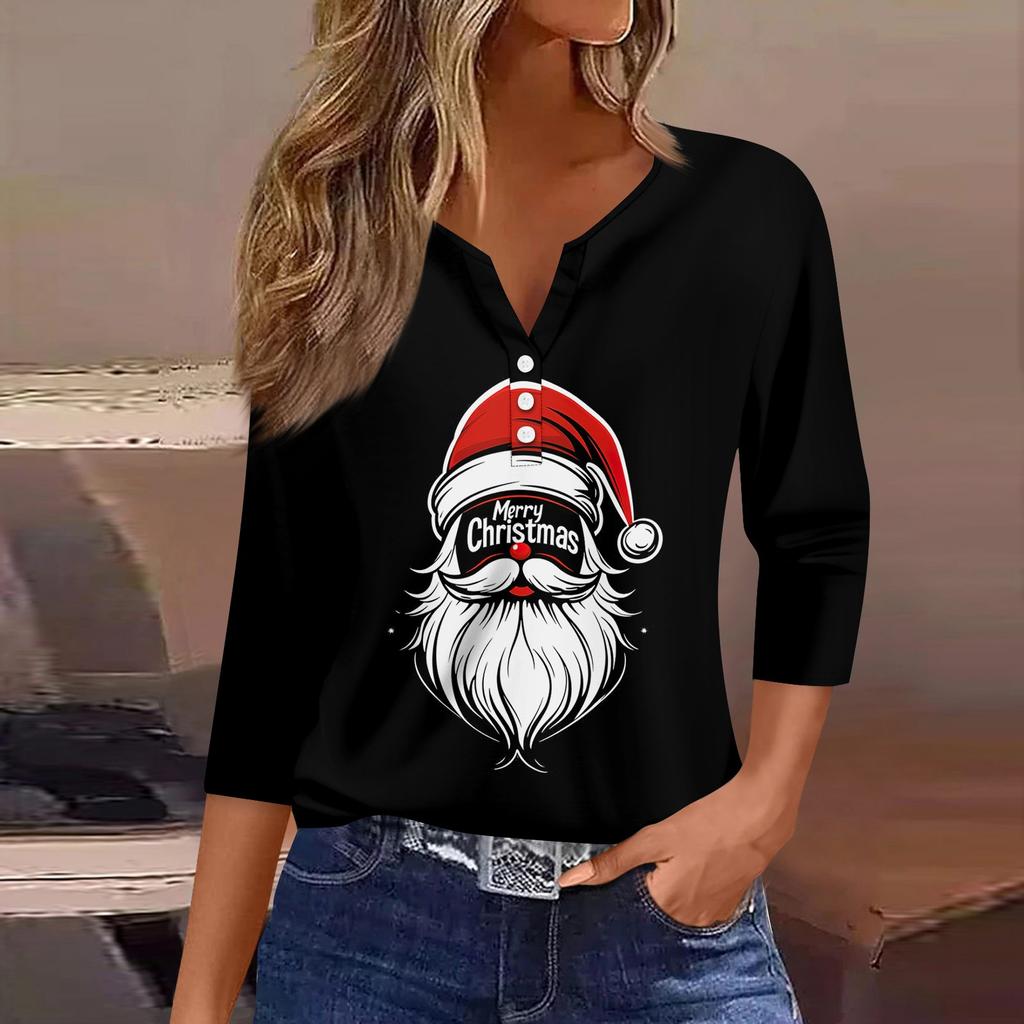 Жен. Футболка Футболка С принтом Пуговицы Рукав 3/4 Повседневные Выходные Мода Классический V-образный вырез Обычный Топ