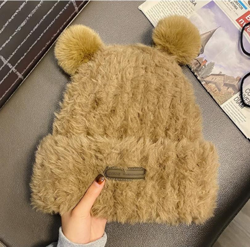 Модные женские милые плюшевые медвежьи ушки осень-зима утолщенные теплые шапки для женщин крышка головы тазик шапка маленький медведь плюшевый вязаный девочка шапка