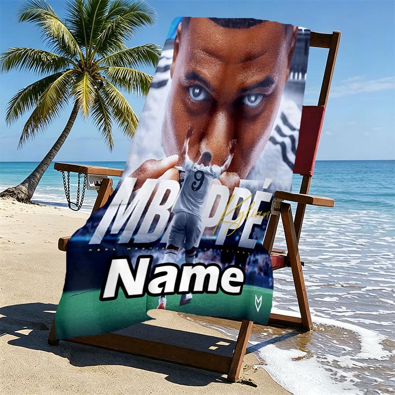 Custom Name Personalized Kylian Mbappe Print Beach Towel, for Trip Camping Beach Party Home Decor, Birthday Gift for Family & Friends