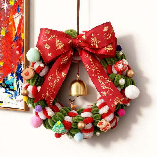 1 Набор Рождественский венок с красным, зеленым синелем, колокольчиком, подвеской Санта, оленем, лентой, сделай сам, ручная работа, елка, праздничная вечеринка, подвесное украшение для венка