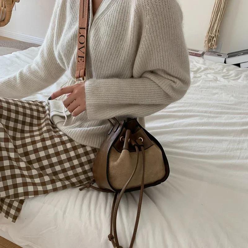 Винтажные сумки кроссбоди для женщин, универсальные мини-сумки-ведерки на шнурке, новинка осени, женская сумка на плечо из мягкой кожи