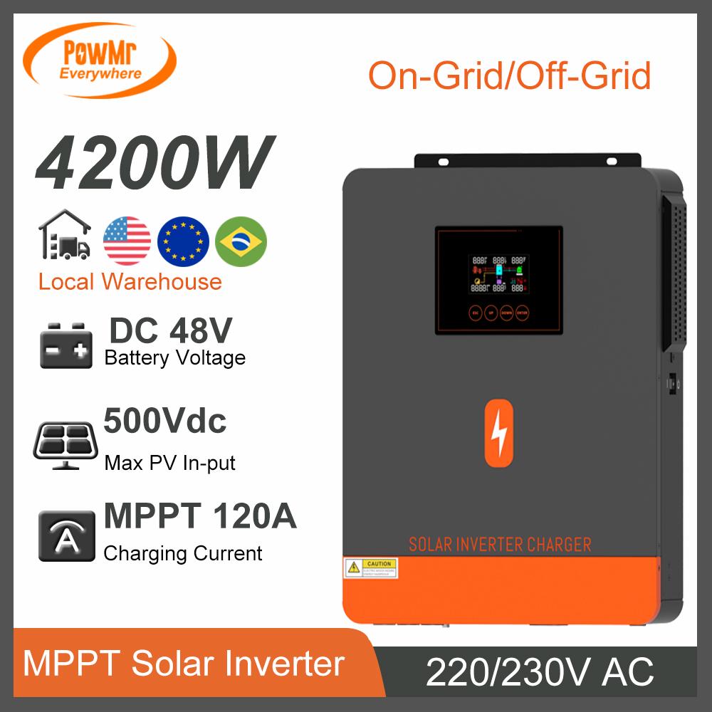 PowMr 4.2KW 4.5KW 6.2KW 6.5KW Гибридный инвертор MPPT Солнечная зарядка DC 24V 48V to 230V AC Чистый синус Поддержка Off-Grid LiFePo4