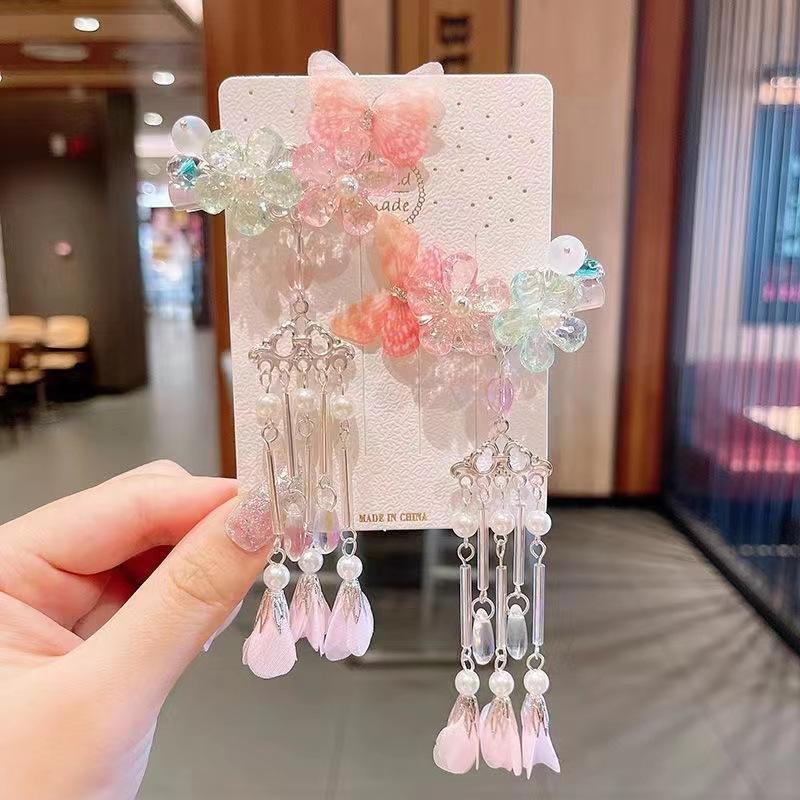 Заколки для волос в китайском стиле Элегантные Изысканные Заколки для волос с бабочками, лепестками и кисточками для девочек, Ювелирные украшения для Ханфу, Аксессуары для волос 1 пара