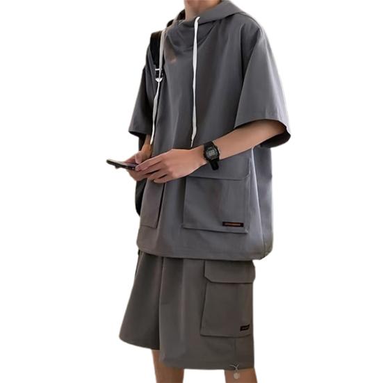 2 шт./компл. повседневный наряд унисекс, футболка с капюшоном и короткими рукавами, эластичный шнурок на талии, широкие шорты, комплект, однотонный свободный крой, наряд