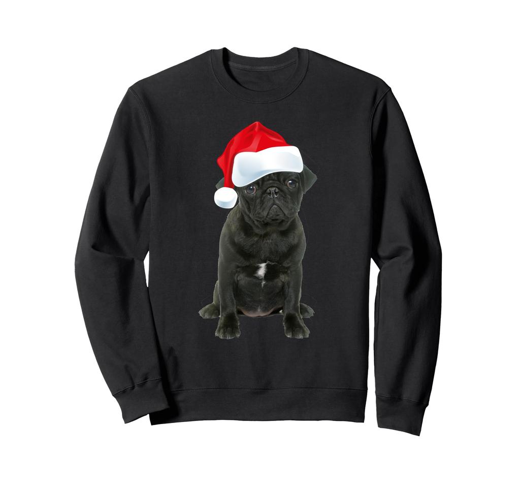 Cute Black Pug In Santa Hat Christmas Dog with Matching Funny Photo Sweatshirt