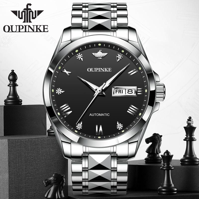 OUPINKE New Watch Automatic Mechanical Watch Stainless Steel Business Hollow Waterproof High-end Watch