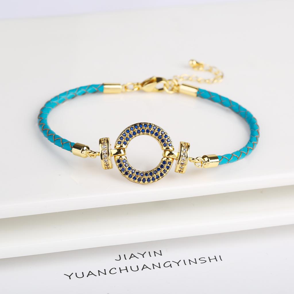 Trendy Colored Round Zirconia Accessory Leather Braided Adjustable Bracelet High Quality Party Holiday Jewelry Gift For Women