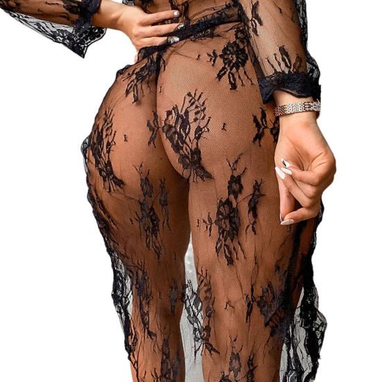 Женская ночная рубашка с открытой передней частью, шнуровка, две части, прозрачное цветочное кружево, сексуальное