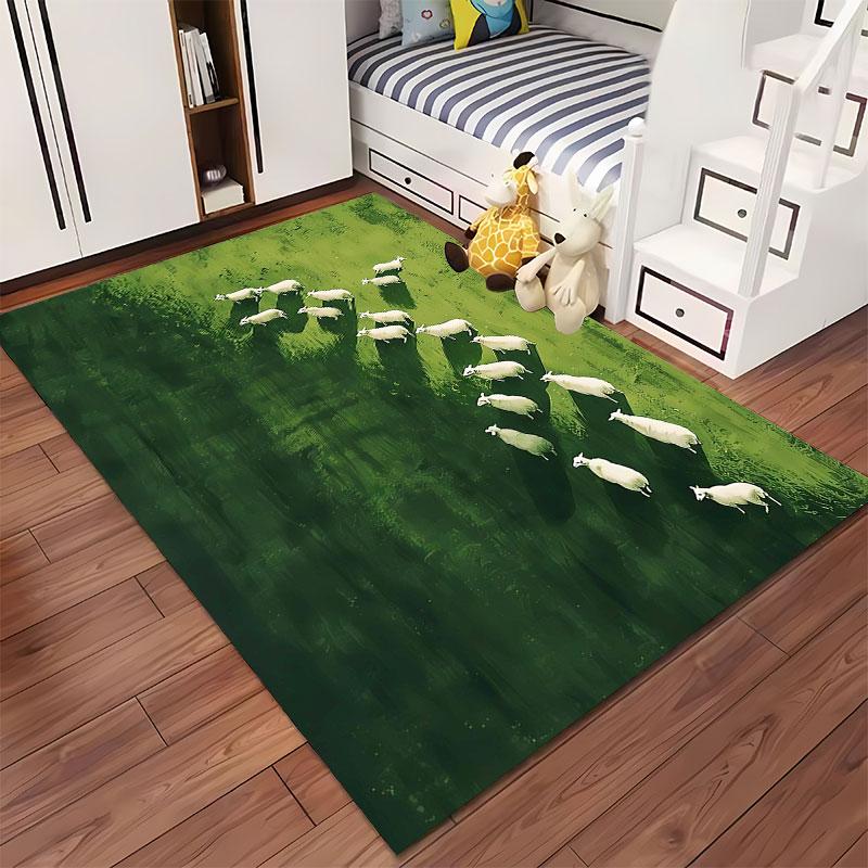 White Sheep on Green Field Carpet suitable as a non-slip mat for the living room or bedroom sofa