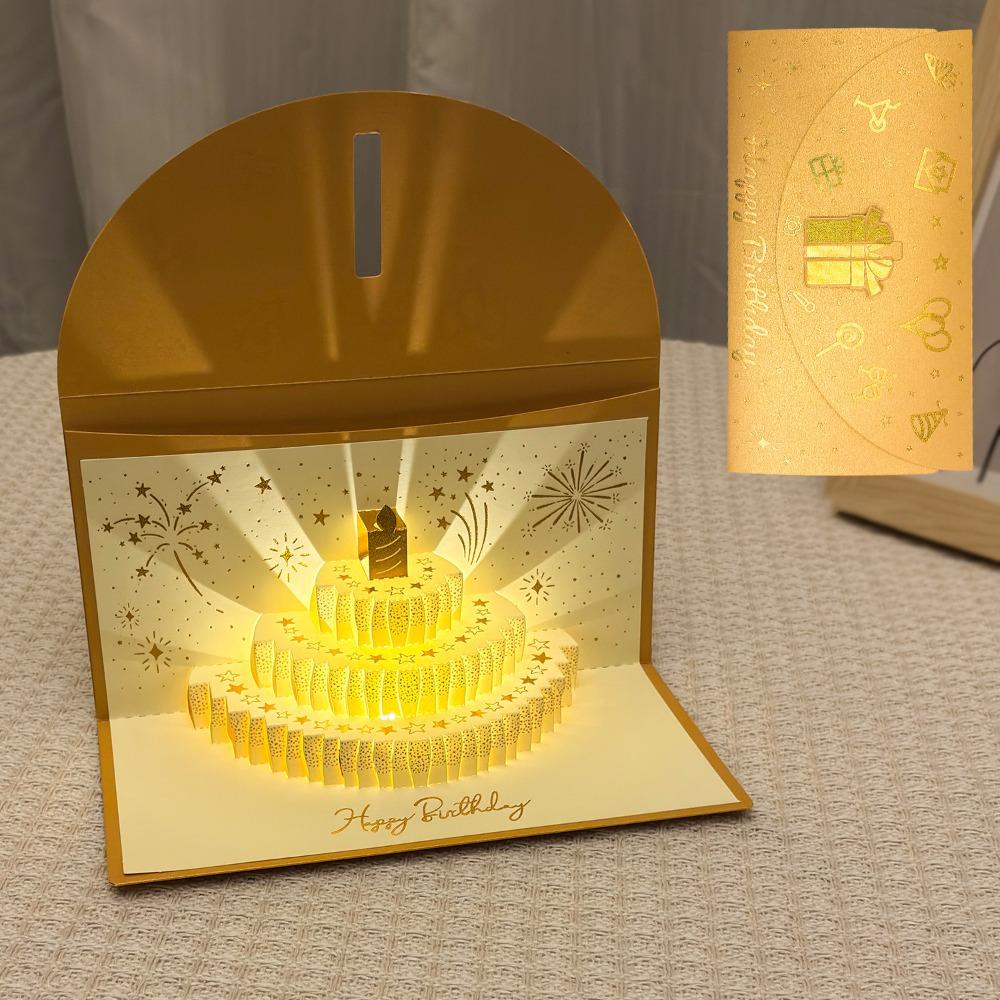 3D Pop-Up Красный Конверт-Открытка на День Рождения Может Вместить 1-20 Банкнот Складная Музыкальная Открытка со Светом Золотая Обложка с Золотым Тиснением