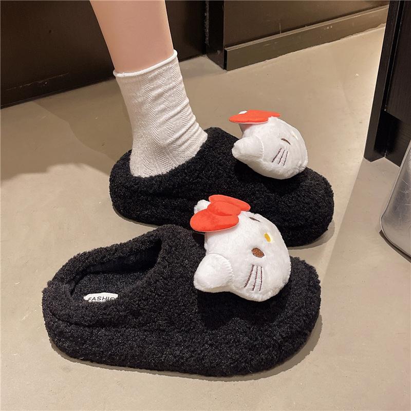 Теплые хлопковые тапочки Hello Kitty на осень и зиму, домашние комнатные, для ношения на улице, нескользящая мягкая подошва, пушистый хлопковый моп