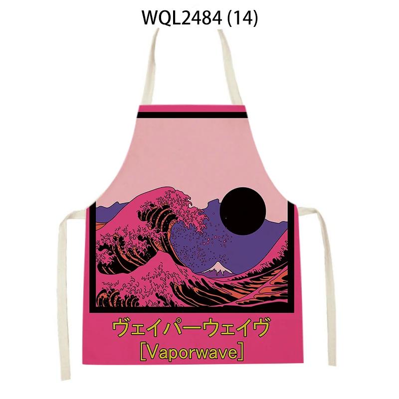 Japanese Style Kitchen Waves Sunrise Print Aprons for Women Linen Pinafore Bibs Household Cleaning Home Cooking Apron