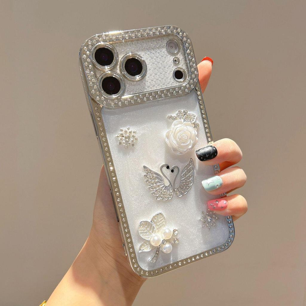 Посеребленный чехол для iPhone 13/14/15/16/17 Pro Max с кристаллами в виде лебедя