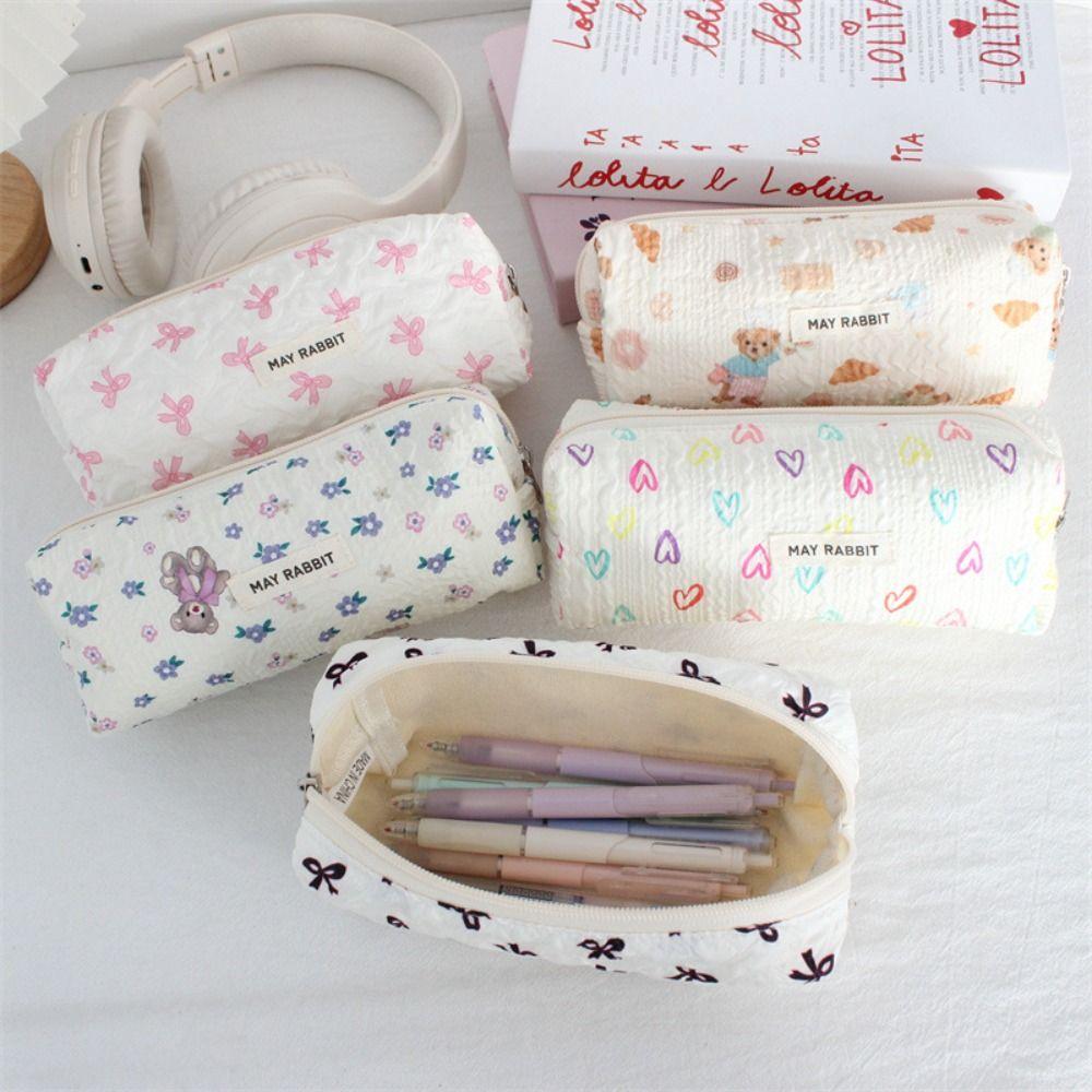 Large Capacity Bow Print Pencil Case INS Makeup Bag Simple Pen Bags Back to School Gifts