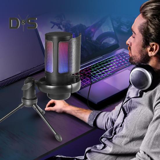Gaming Microphone with Tripod Stand Noise Reduction RGB Breathing Light Design Gain Control Plug-Play Universal USB Microphone