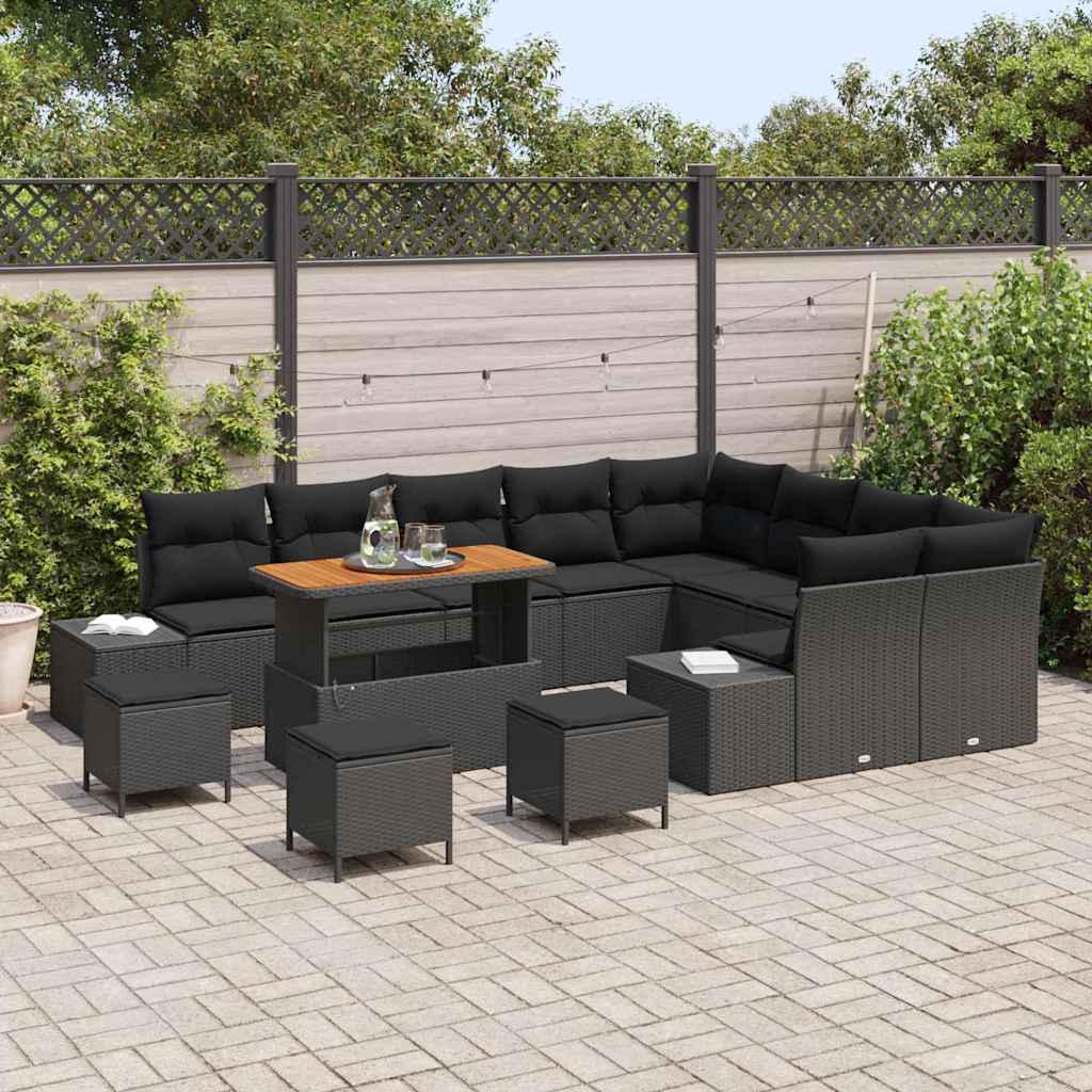 13 Piece Garden Sofa Set with Cushions Black Poly Rattan