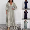 Lady Evening Dress V Neck Slim Waist Ruffle Cuffs Satin Pleated Layered Hem A-line Maxi Dress Long Sleeve Wedding Party Banquet Dress