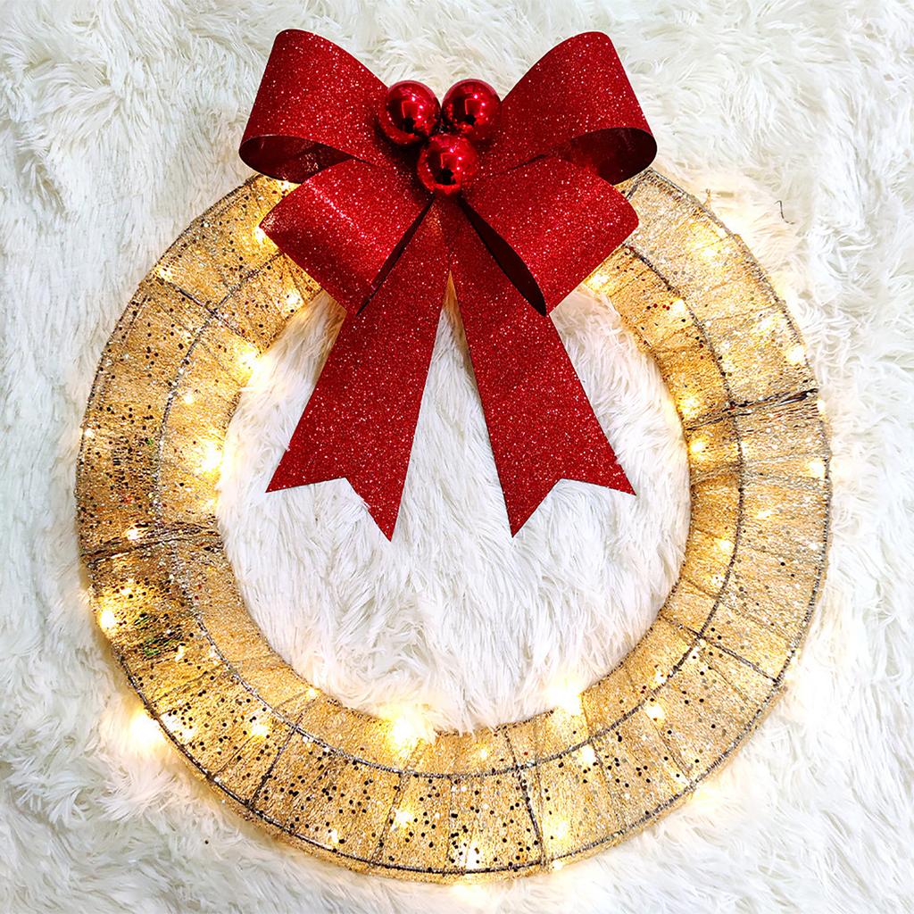 Christmas Metal Light Up Wreath With LED Warm Lights And Ribbon Bow Holiday Decoration