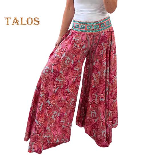 Women Summer Casual Pants Wide Leg Elastic High Waist Long Pants Retro Printing Culottes Loose Fit Flowy Trousers Streetwear