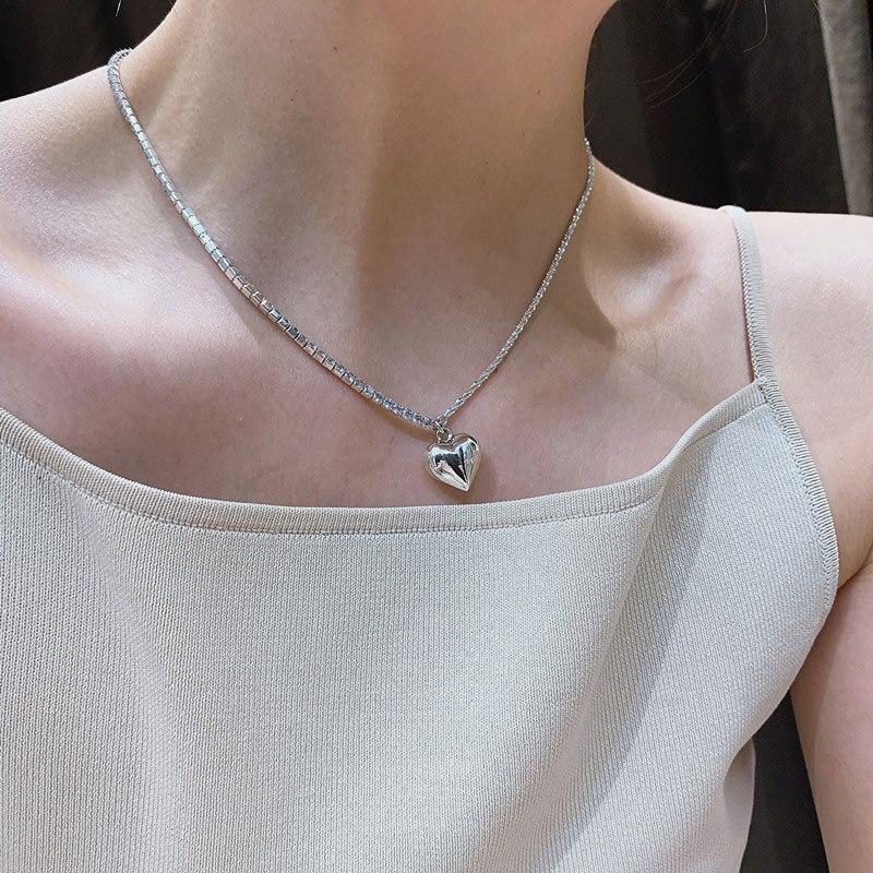 925 Sterling Silver Geometric Love Heart Zircon Chain Necklace Female Party Jewelry