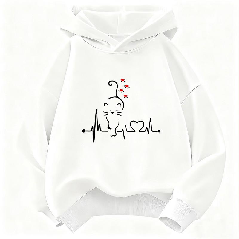 Stylish Kids Hoodie Pullover, Clean Outline Cat Sketch On Heartbeat Line Art Graphic Sweatshirt, Autumn Winter Casual Long Sleeve Top for Children