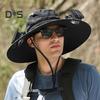 Men Fisherman Hat with 2 Solar Fan Large Brim Windproof Strap USB Charging Anti-UV Sunlight Protection Quick Dry Great Breathability Outdoor Fishing