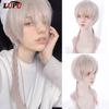Men's Wig Lolita Anime Short Cosplay Wigs For Boy Synthetic Trailing Tail Fake False Hair Gray White Heat Resistant Fiber